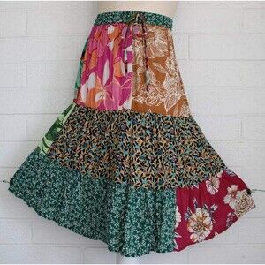 Sacred Threads S M Colorful 3 Tier Floral Patchwork Elastic Waist Rayon Skirt